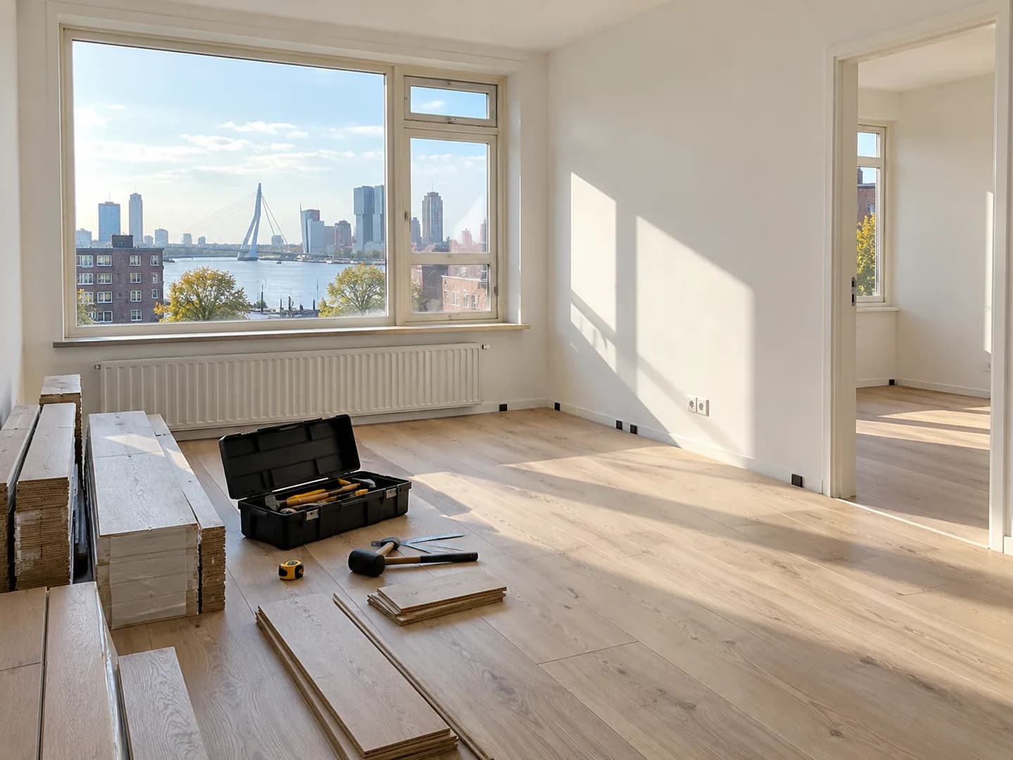 Lichte woonruimte waar een houten vloer wordt gelegd