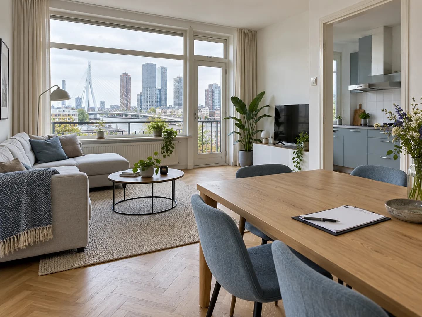 Lichte woonkamer met eethoek en grote ramen